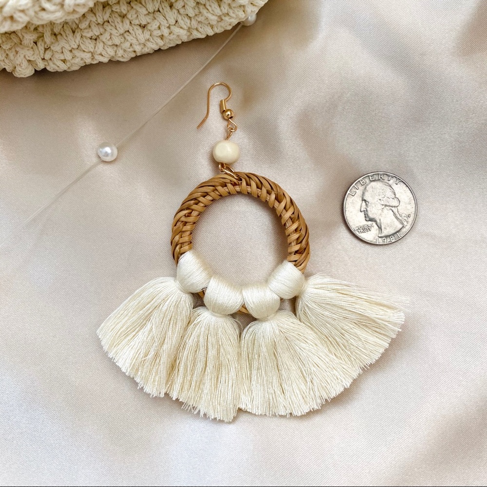 Wicker Rattan Wood Tassels Earrings Woven - Picture 4 of 5